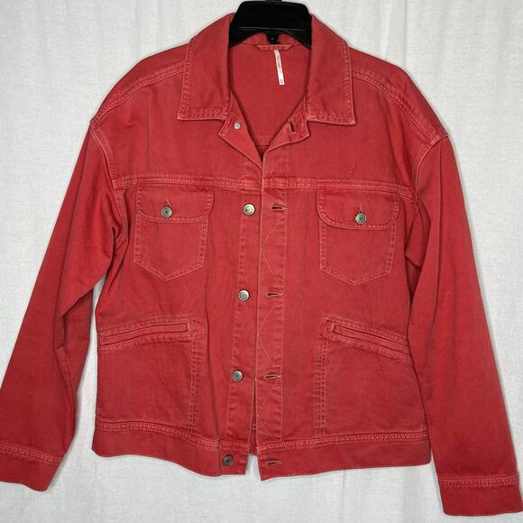 Free People Dropped Shoulder‎ Oversize Boxy Pink Red Trucker Jean Jacket Medium - Picture 2 of 9